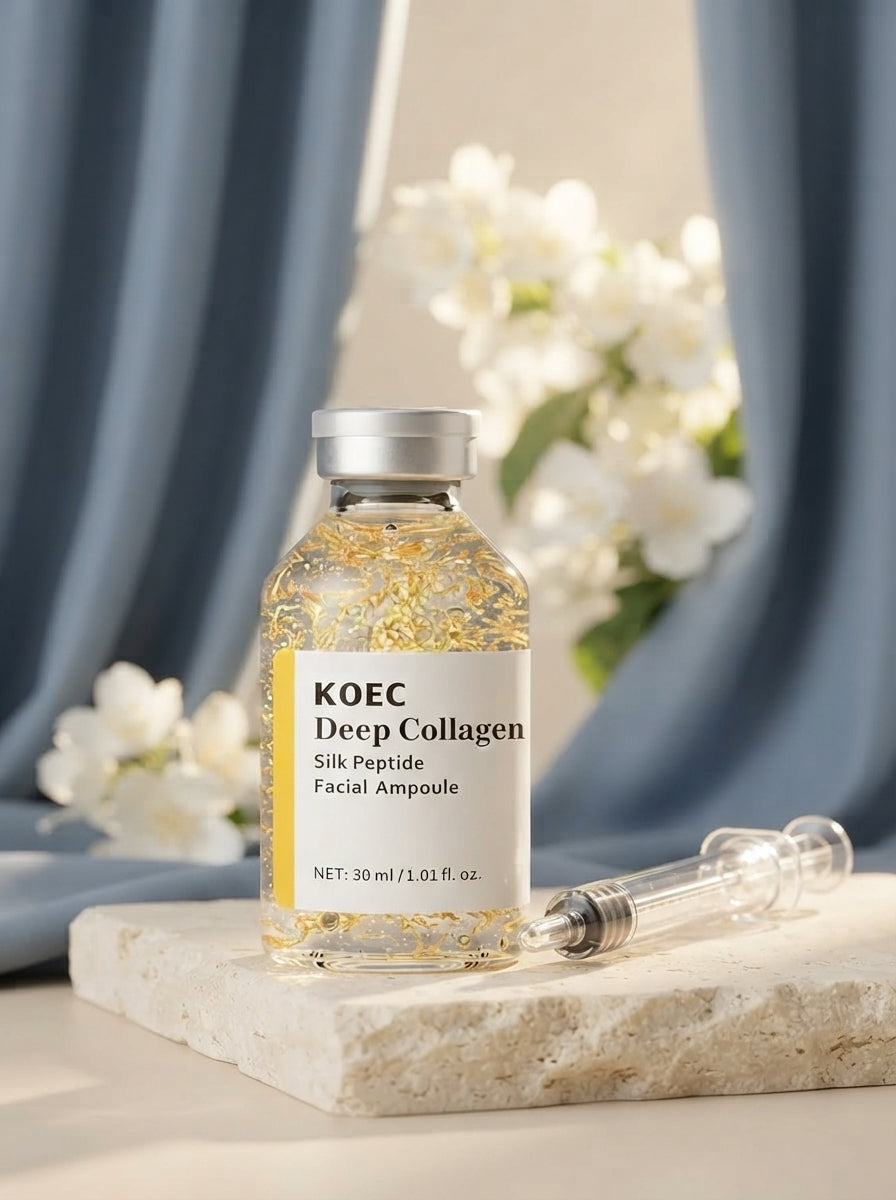 Deep Collagen Silk Peptide ampoule bottle on a cream stone surface with white jasmine flowers and soft slate blue drapery.