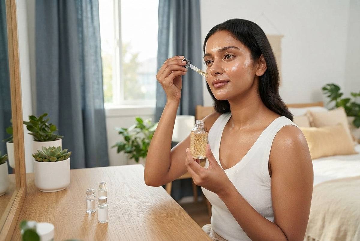 A South Asian woman applying a facial ampoule in a sunlit, minimalist room with slate blue and cream decor.